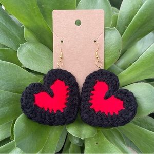 Handmade Crochet Heart Black Red Two -Tone Earrings Valentine’s Day Jewelry